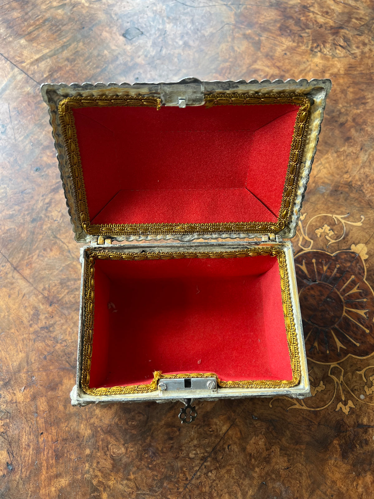 19th Century French Louis XV Bombé Jewelry Casket / Box with Repoussé metalwork.