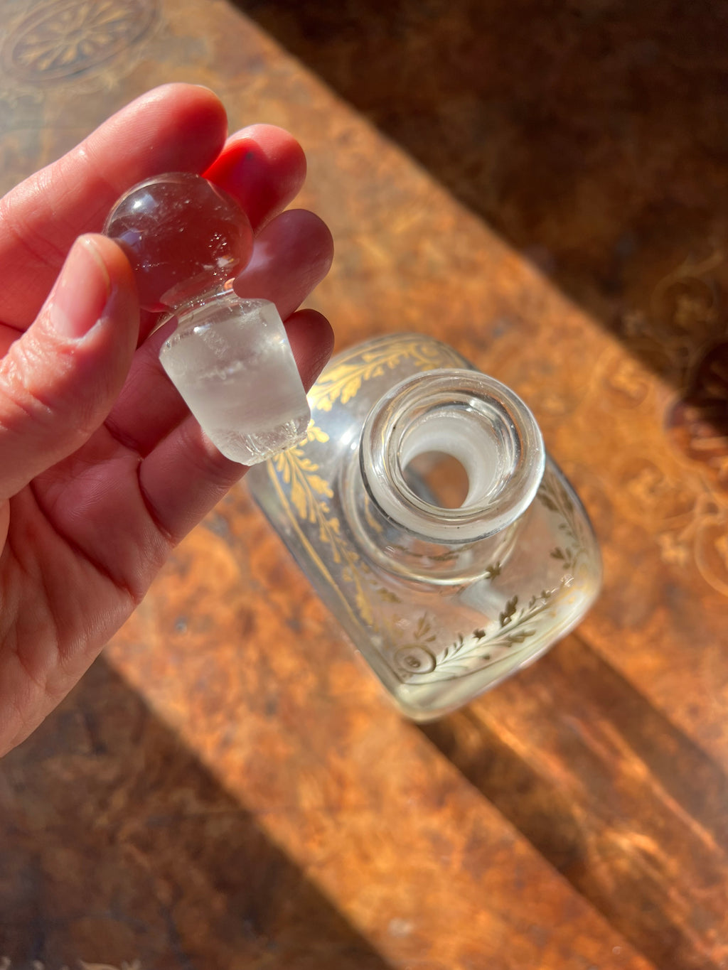 Neoclassical spirit decanter or liqueur bottle with gilt floral motif