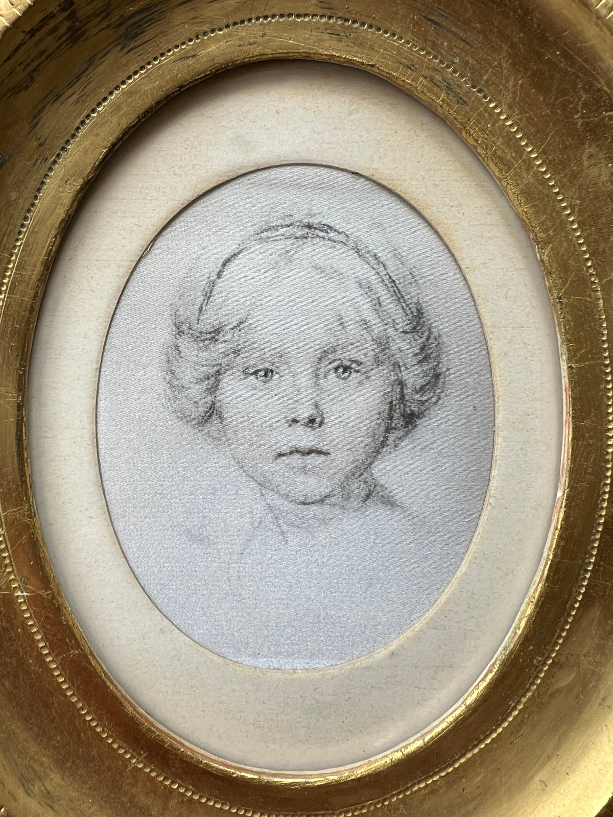 Pair of Vintage Rene David Portrait Prints on Silk, in Mid Century Florentine Giltwood Oval Frames