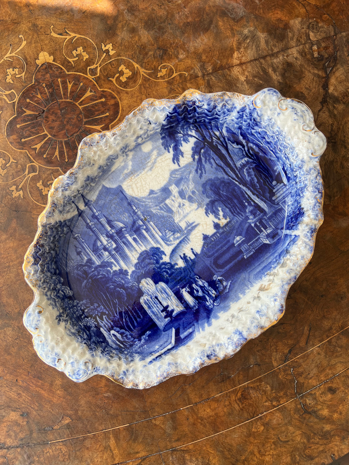 Antique Flow Blue 35cm Oval Platter - Moorish Castle Pattern - Exceptional Gold Gilt condition