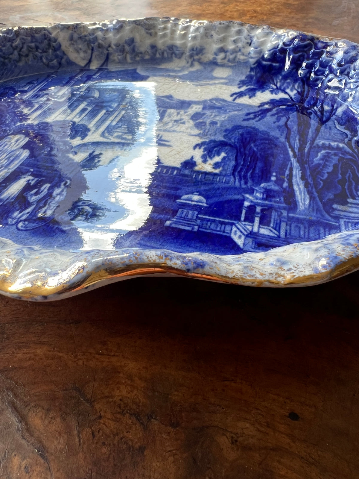 Antique Flow Blue 35cm Oval Platter - Moorish Castle Pattern - Exceptional Gold Gilt condition