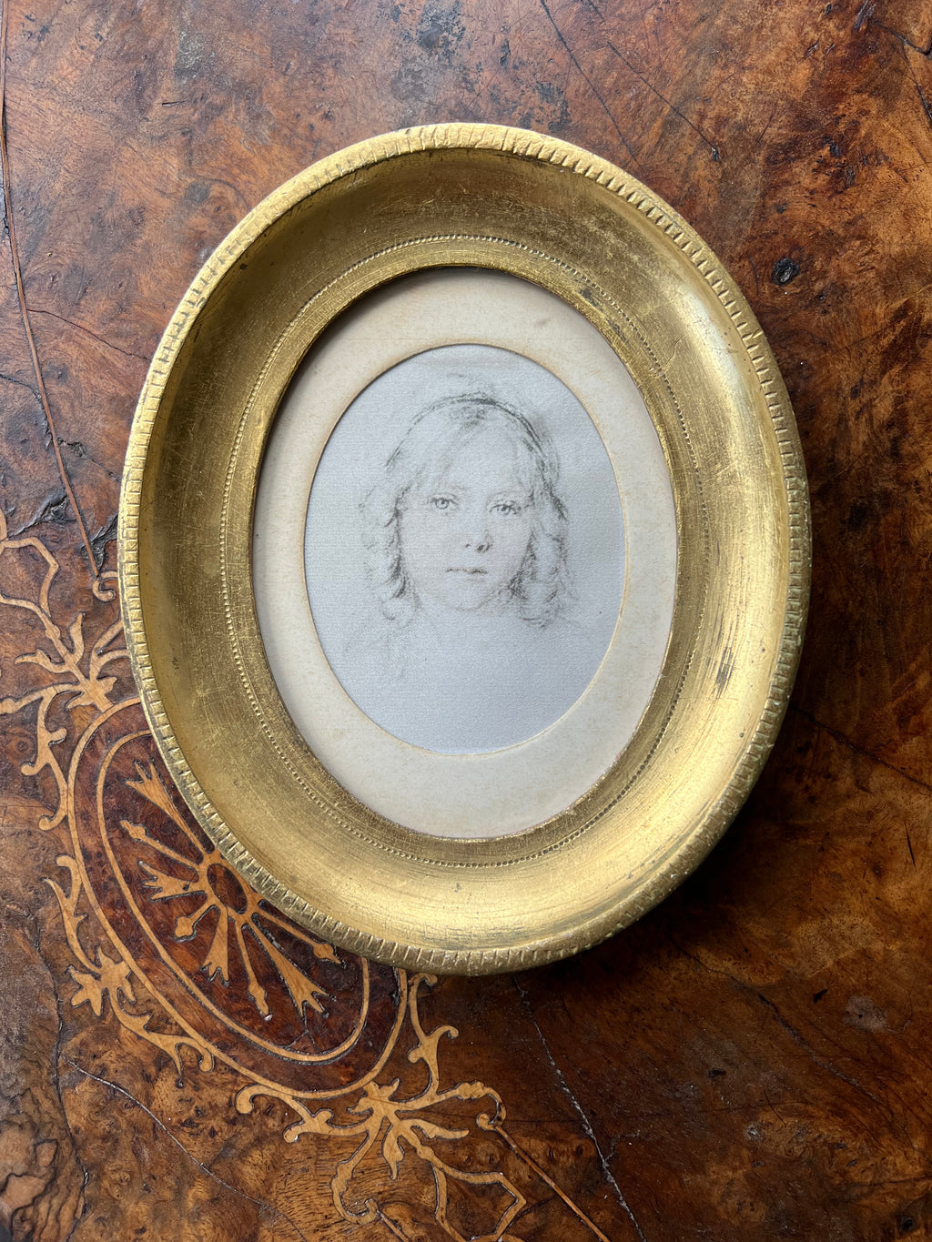 Pair of Vintage Rene David Portrait Prints on Silk, in Mid Century Florentine Giltwood Oval Frames