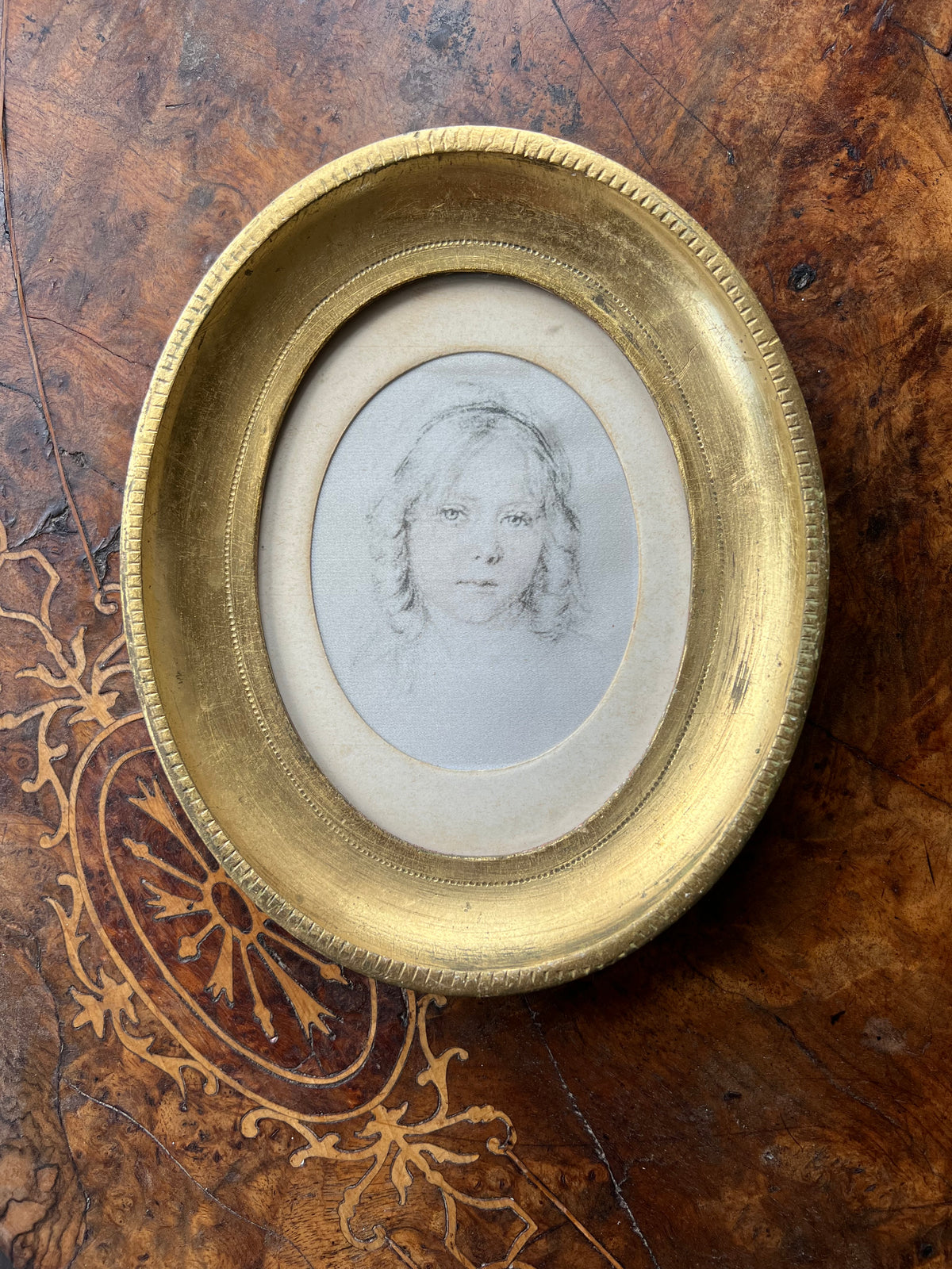 Pair of Vintage Rene David Portrait Prints on Silk, in Mid Century Florentine Giltwood Oval Frames