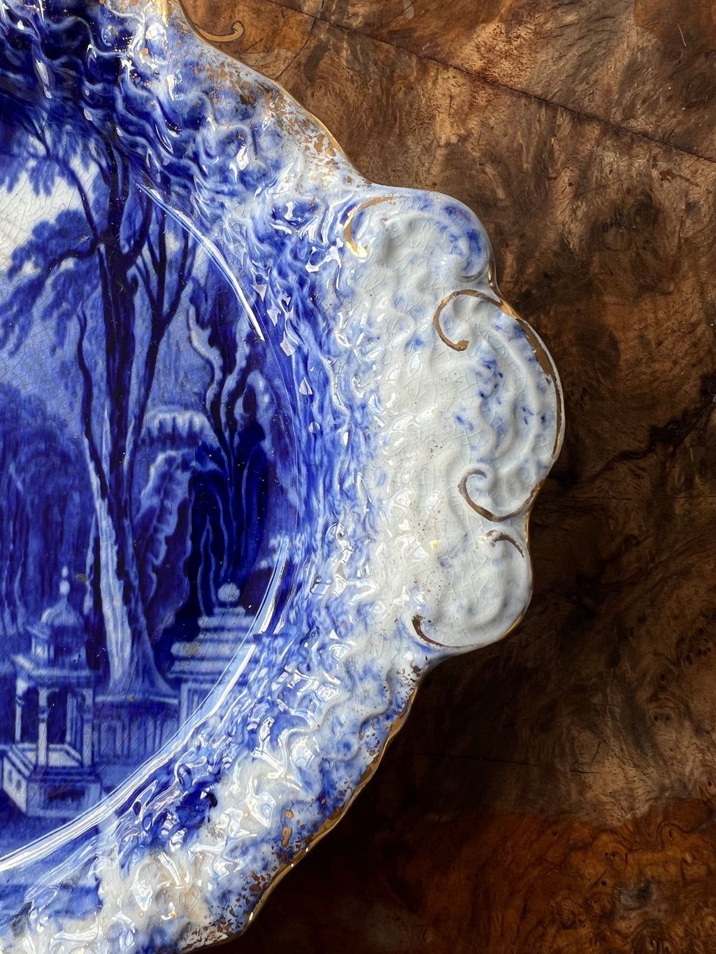 Antique Flow Blue 35cm Oval Platter - Moorish Castle Pattern - Exceptional Gold Gilt condition