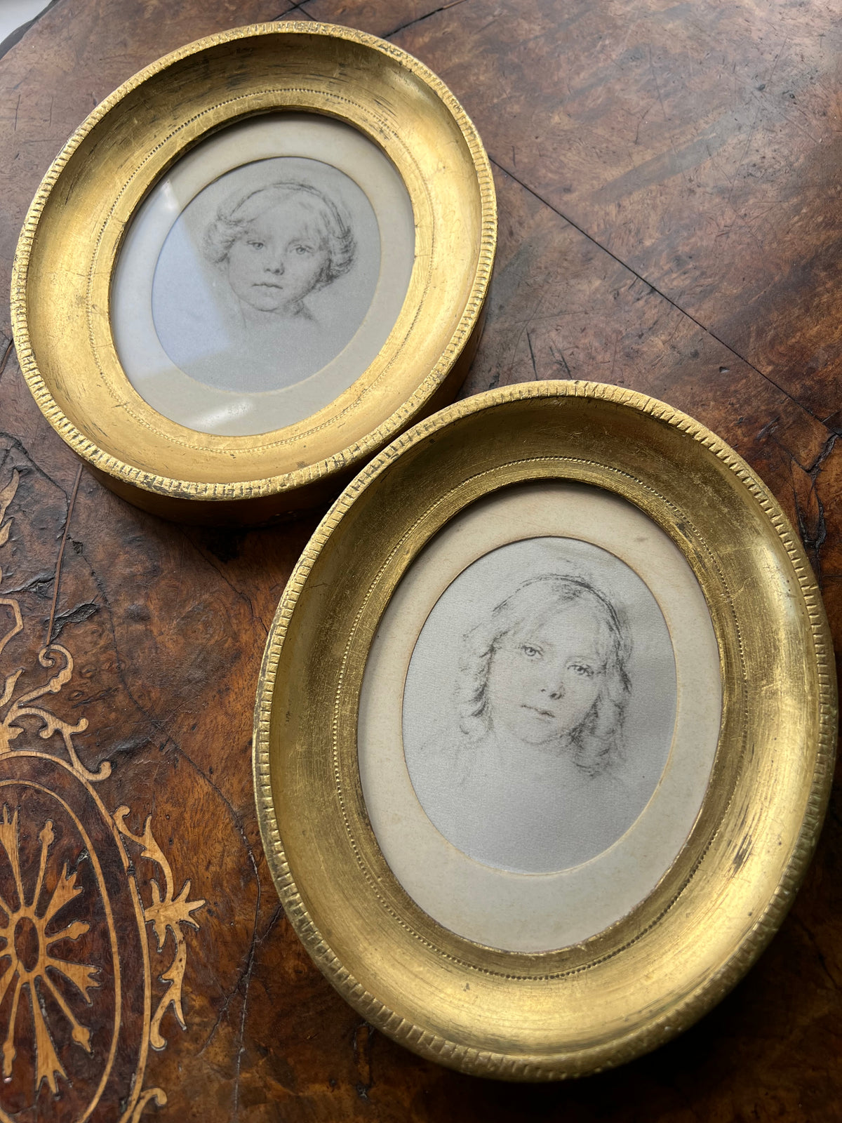 Pair of Vintage Rene David Portrait Prints on Silk, in Mid Century Florentine Giltwood Oval Frames