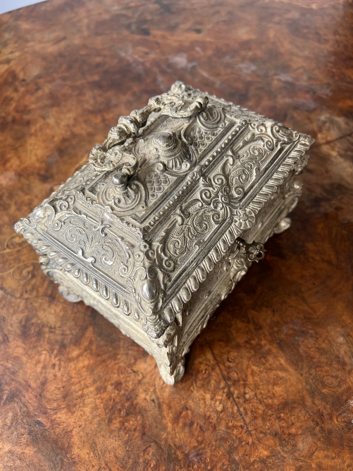 19th Century French Louis XV Bombé Jewelry Casket / Box with Repoussé metalwork.