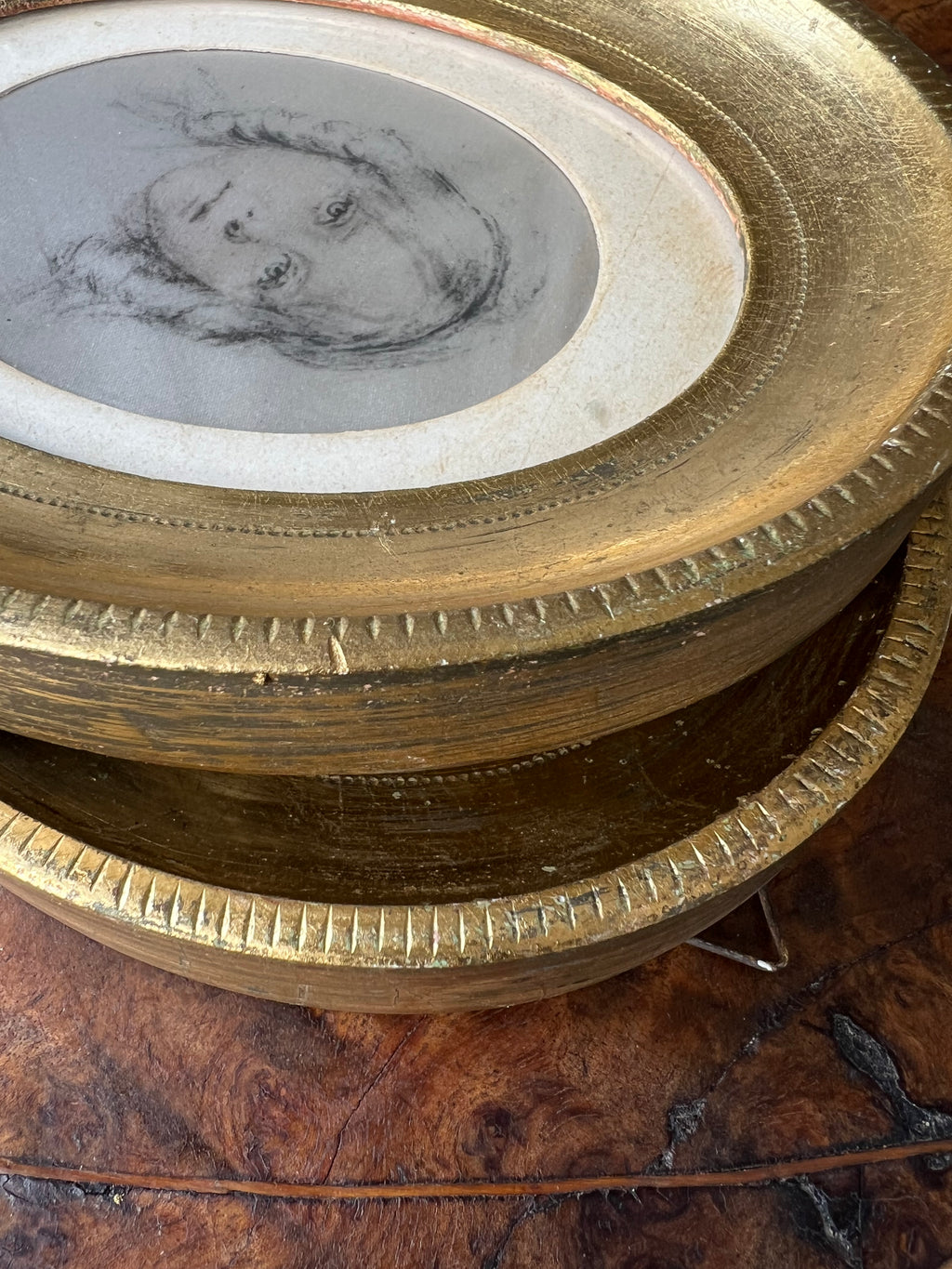 Pair of Vintage Rene David Portrait Prints on Silk, in Mid Century Florentine Giltwood Oval Frames