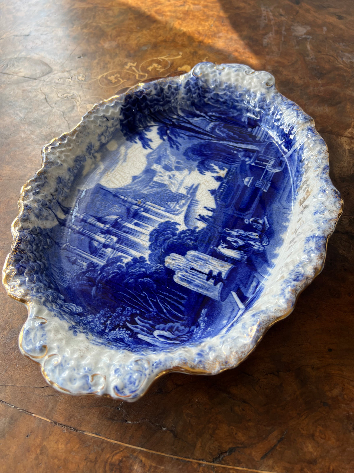 Antique Flow Blue 35cm Oval Platter - Moorish Castle Pattern - Exceptional Gold Gilt condition