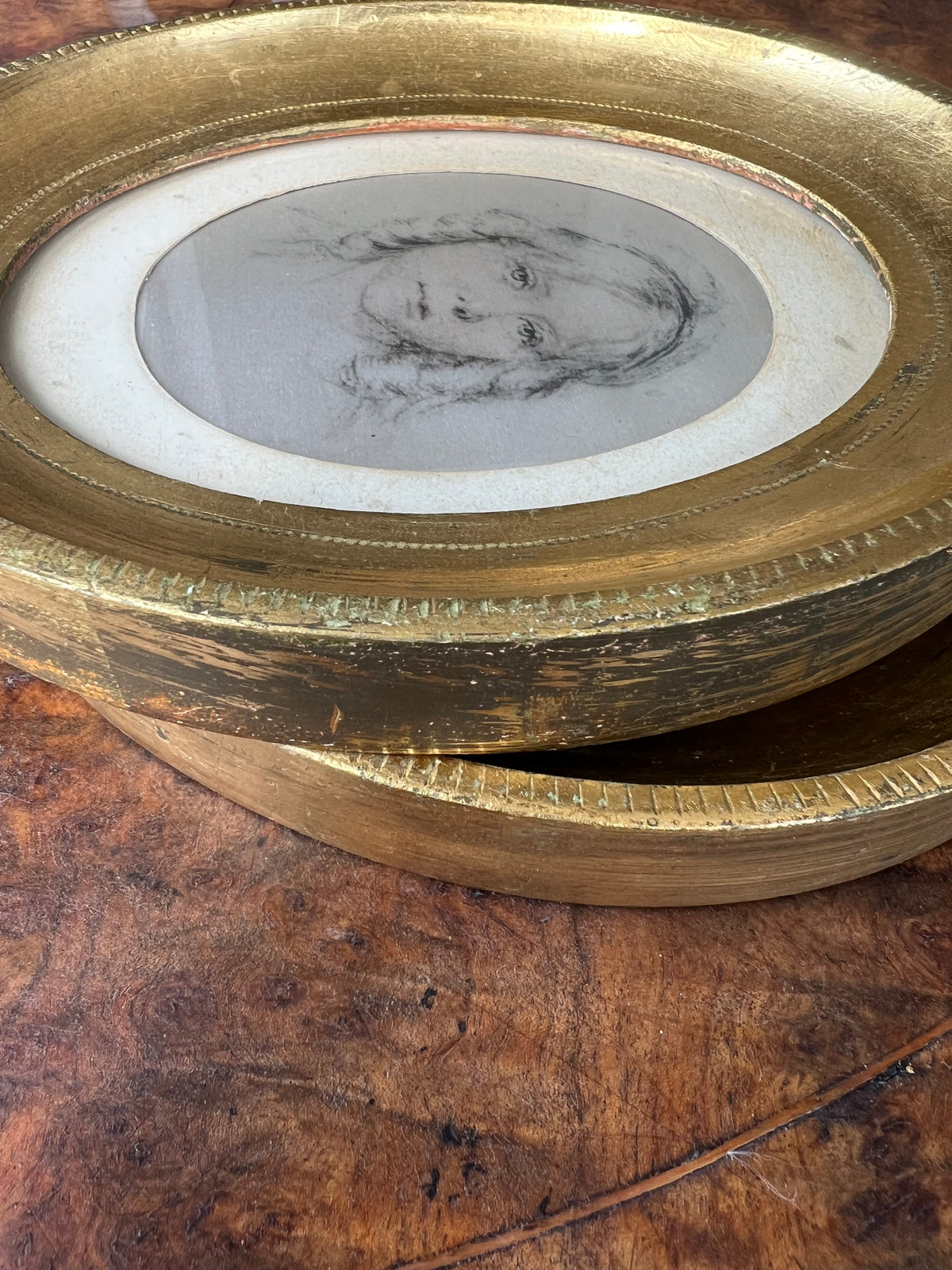 Pair of Vintage Rene David Portrait Prints on Silk, in Mid Century Florentine Giltwood Oval Frames