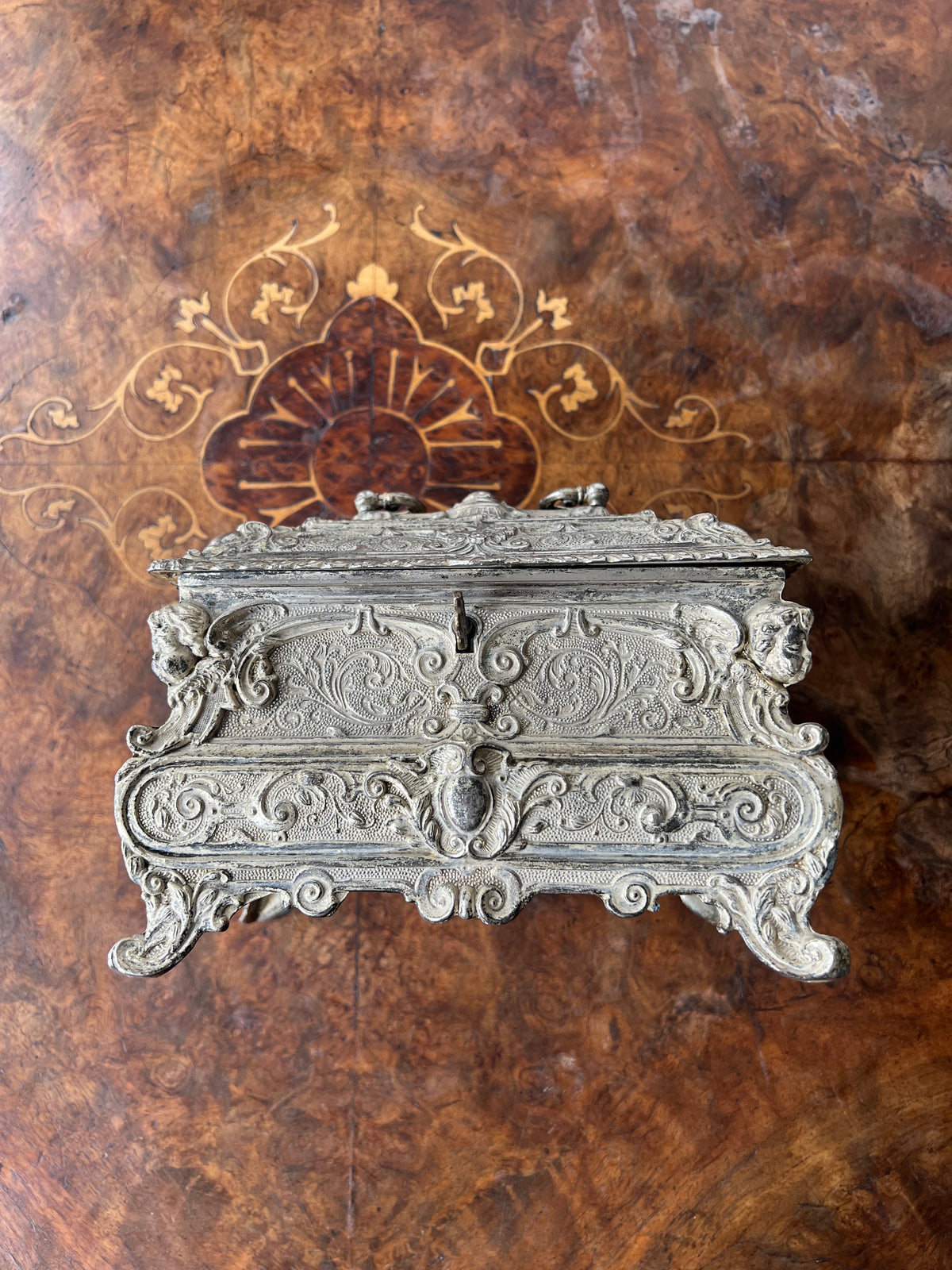 19th Century French Louis XV Bombé Jewelry Casket / Box with Repoussé metalwork.