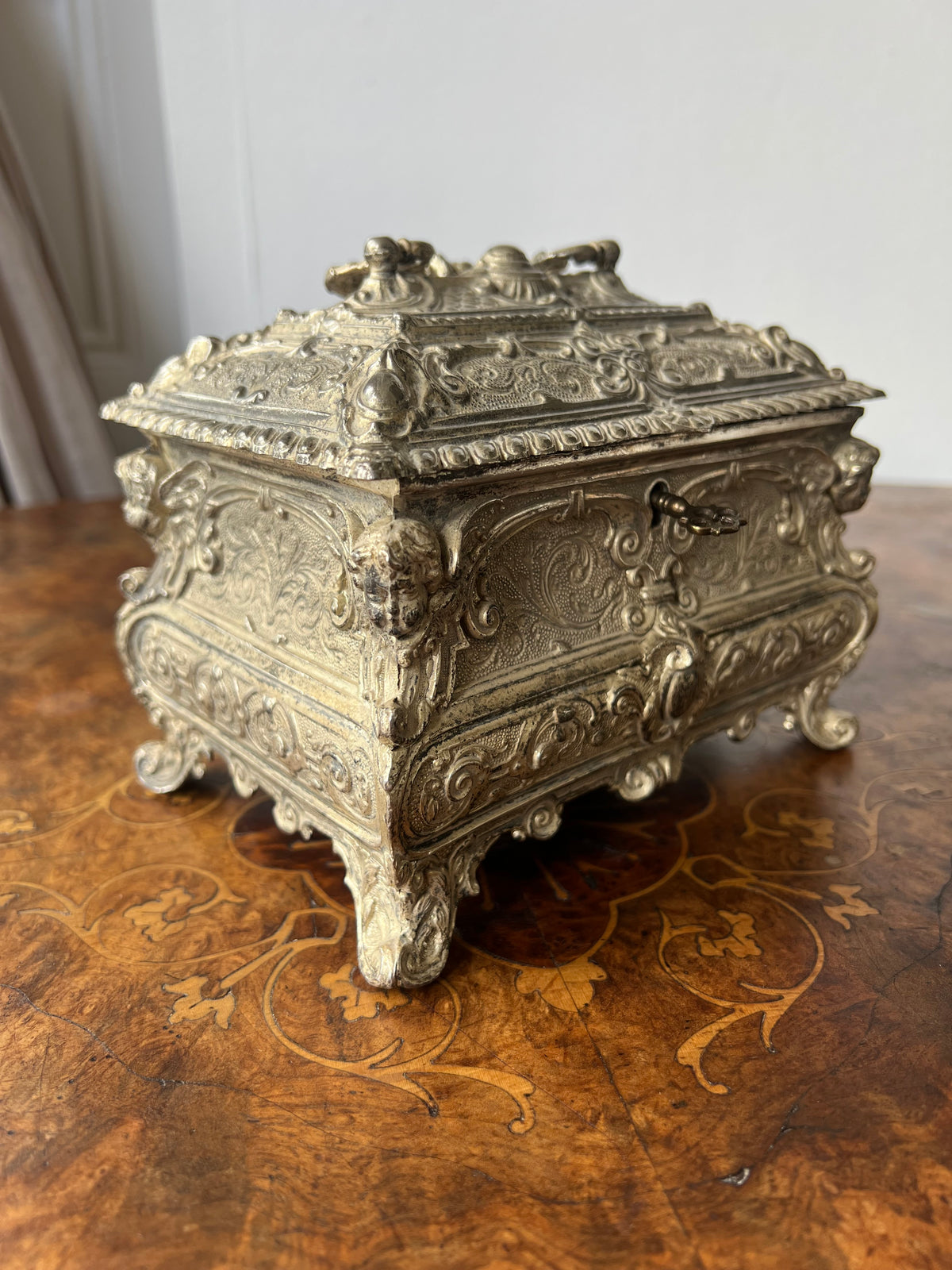 19th Century French Louis XV Bombé Jewelry Casket / Box with Repoussé metalwork.