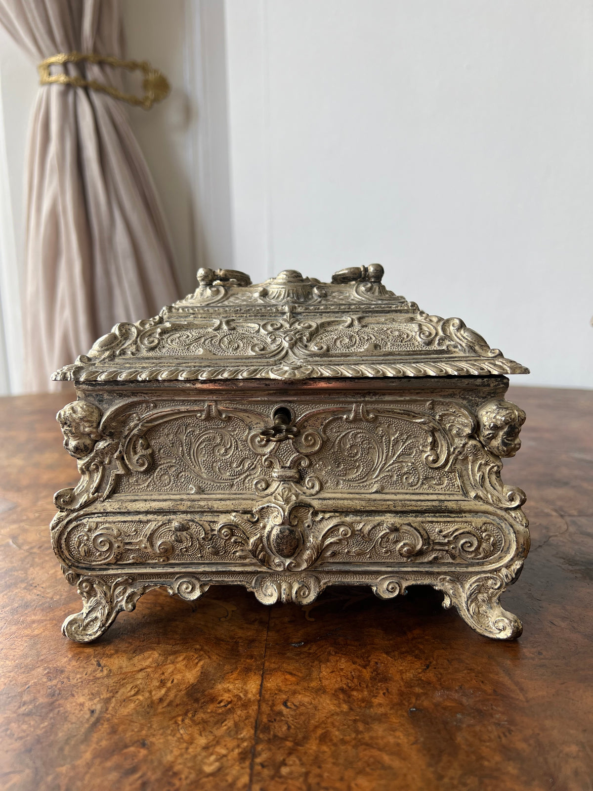19th Century French Louis XV Bombé Jewelry Casket / Box with Repoussé metalwork.