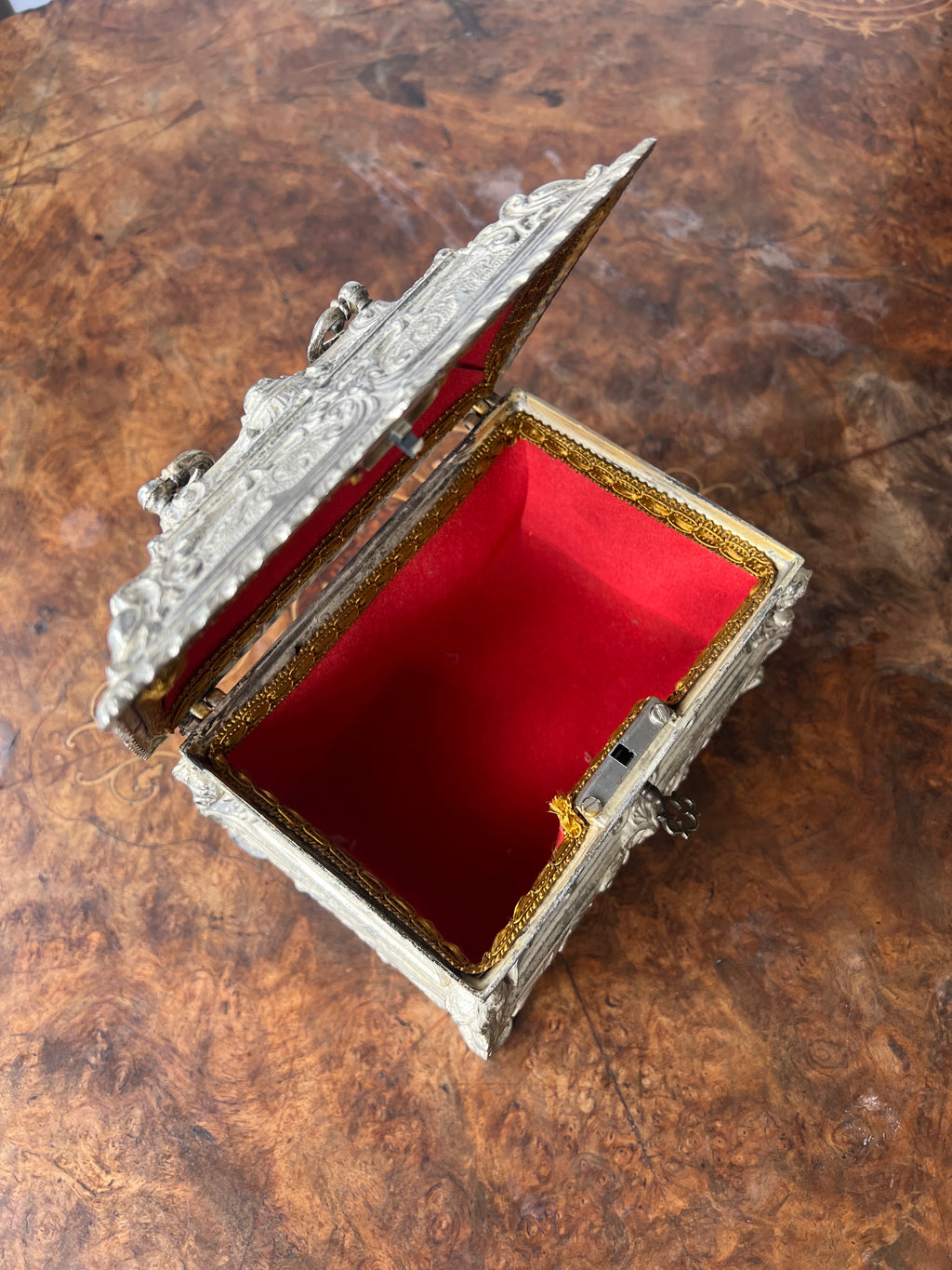 19th Century French Louis XV Bombé Jewelry Casket / Box with Repoussé metalwork.