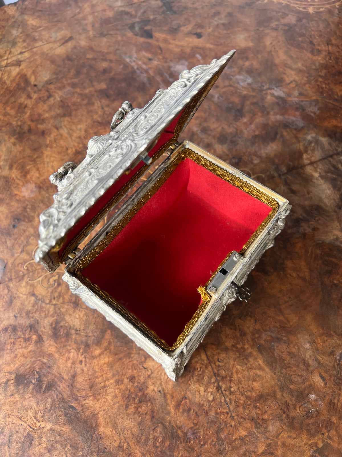 19th Century French Louis XV Bombé Jewelry Casket / Box with Repoussé metalwork.