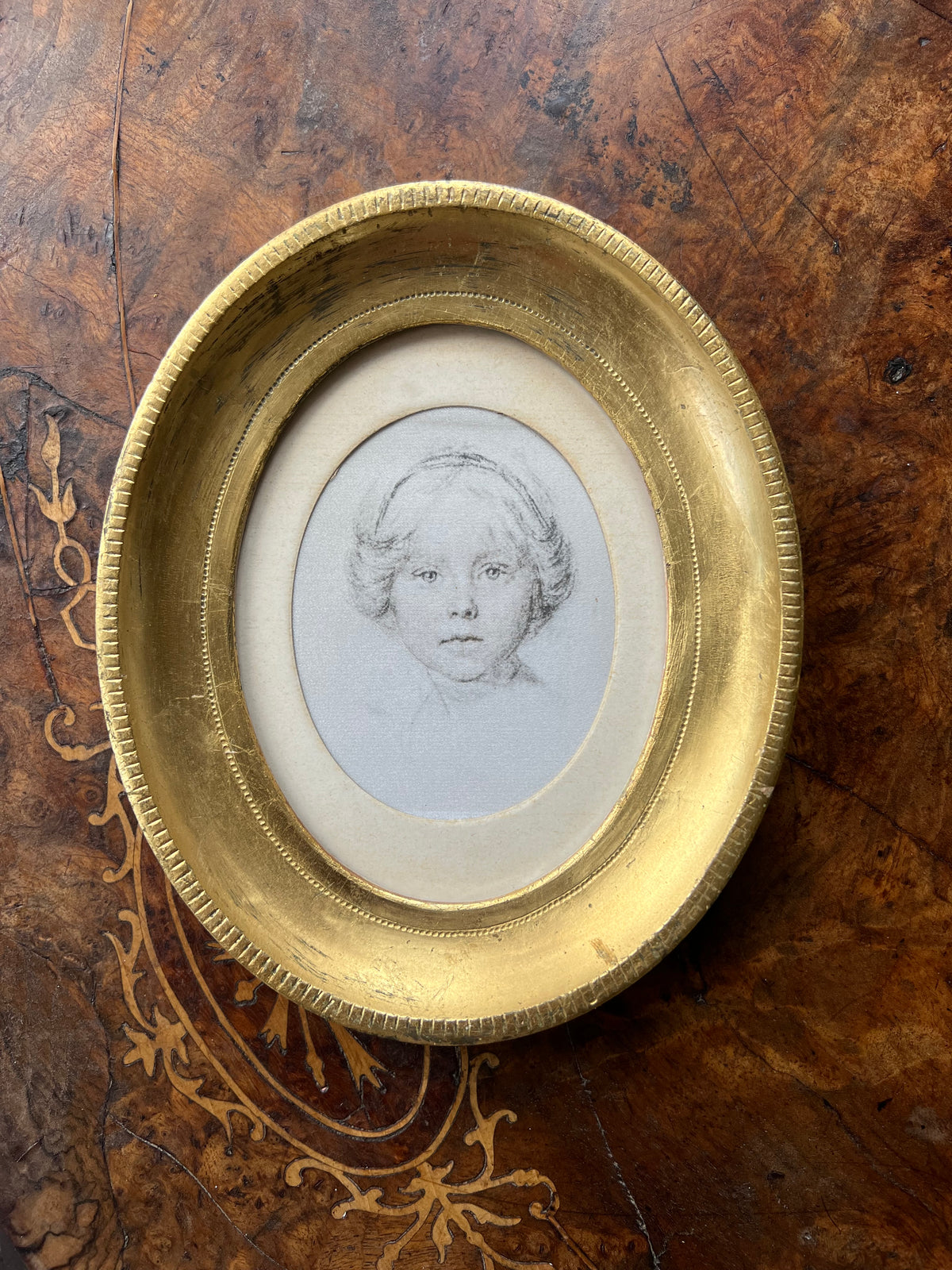 Pair of Vintage Rene David Portrait Prints on Silk, in Mid Century Florentine Giltwood Oval Frames