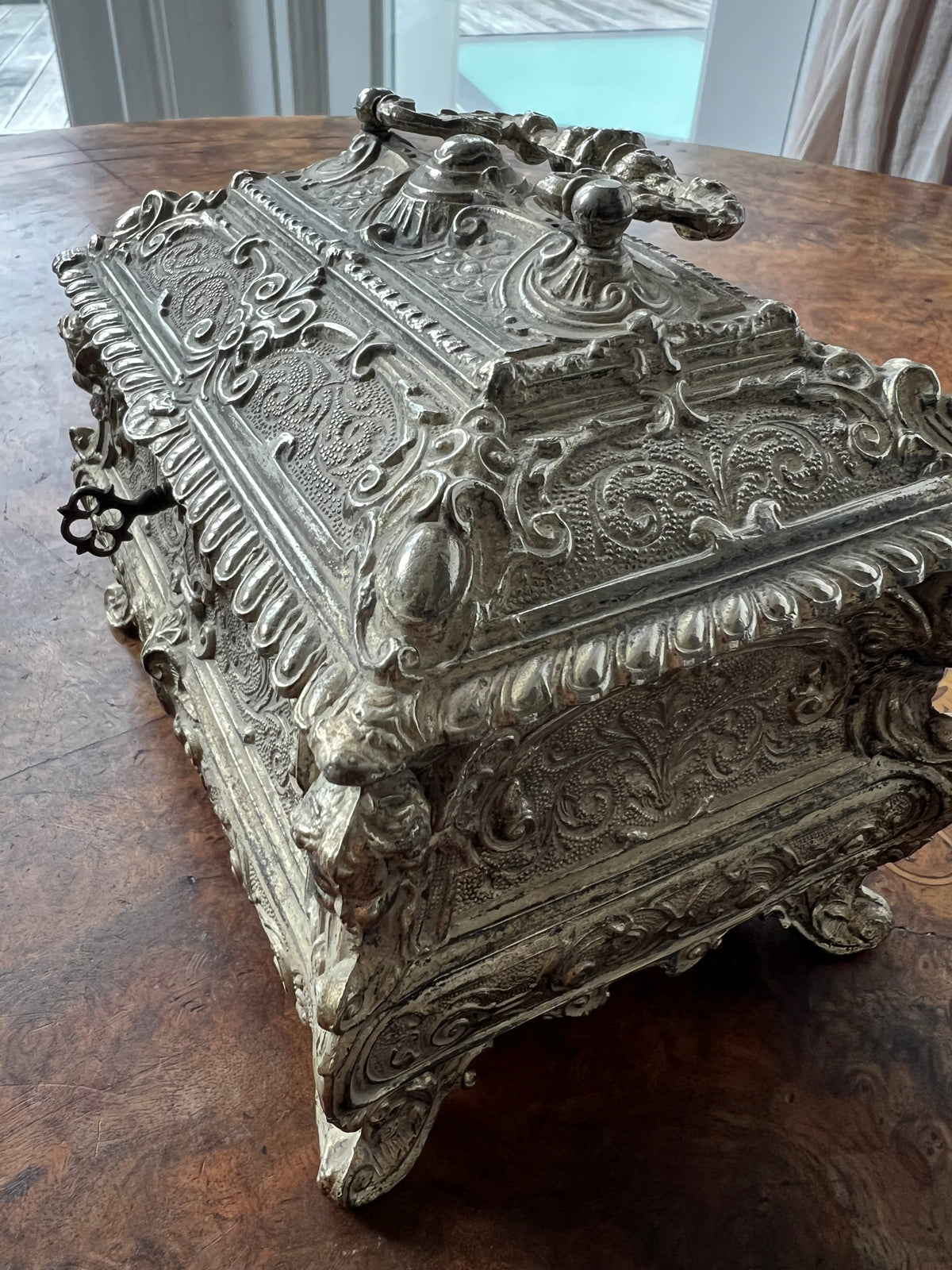19th Century French Louis XV Bombé Jewelry Casket / Box with Repoussé metalwork.