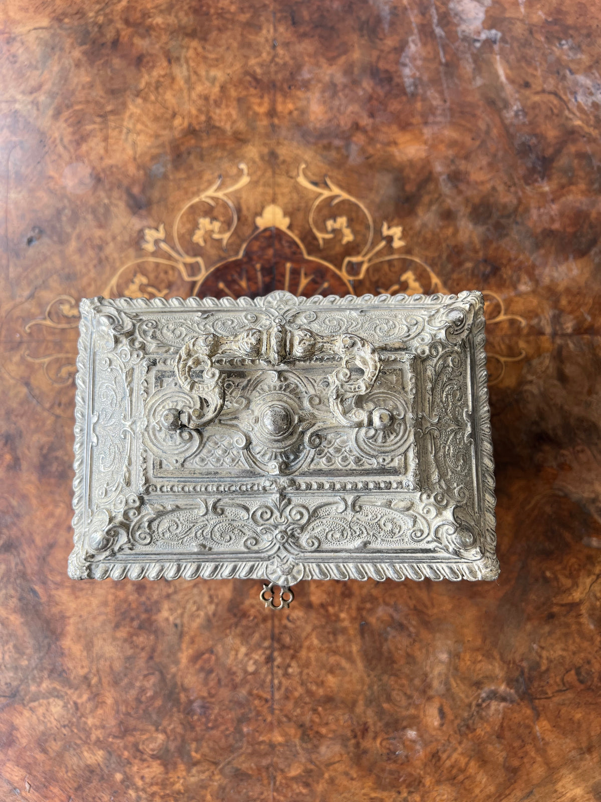 19th Century French Louis XV Bombé Jewelry Casket / Box with Repoussé metalwork.