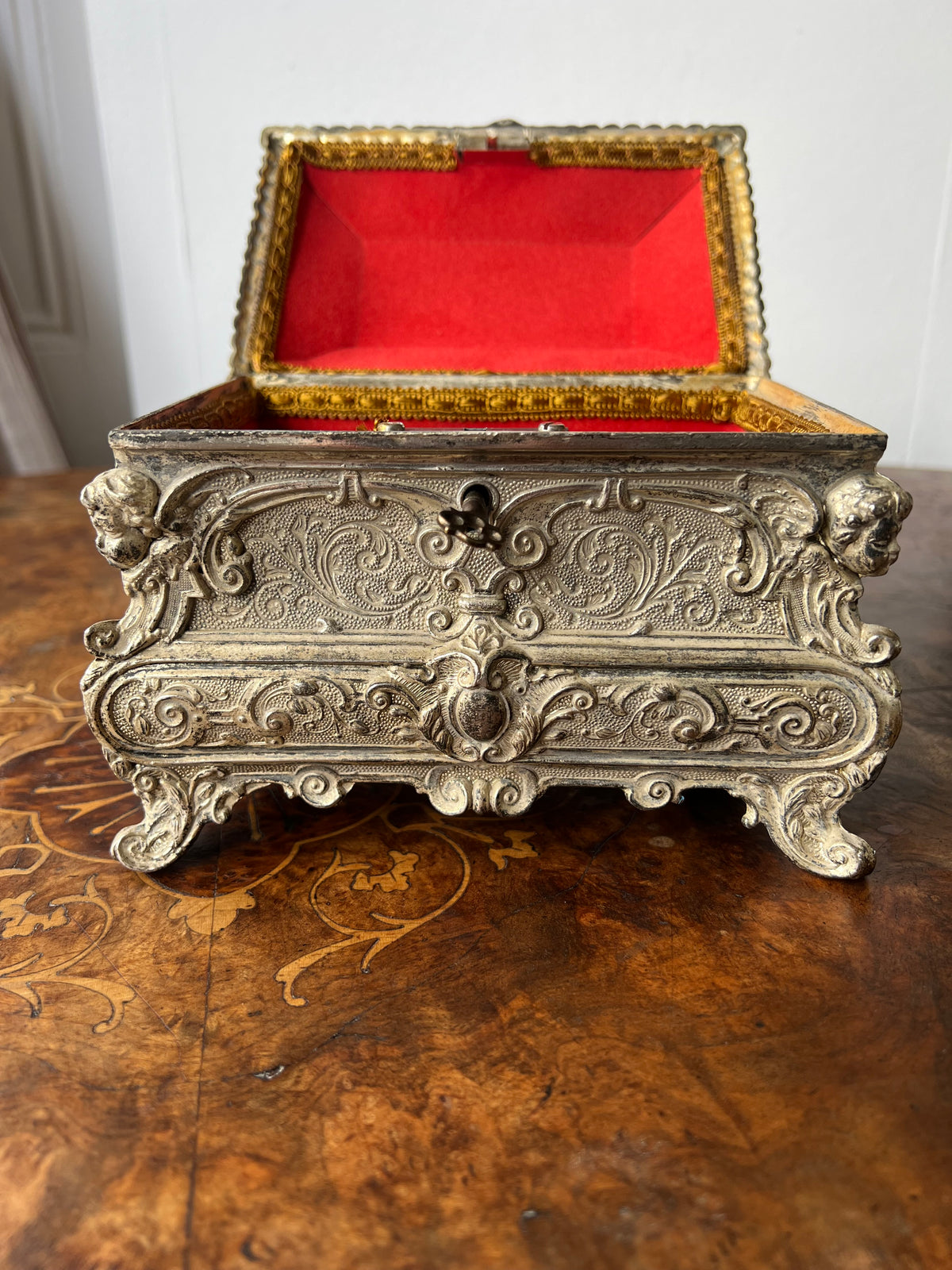 19th Century French Louis XV Bombé Jewelry Casket / Box with Repoussé metalwork.