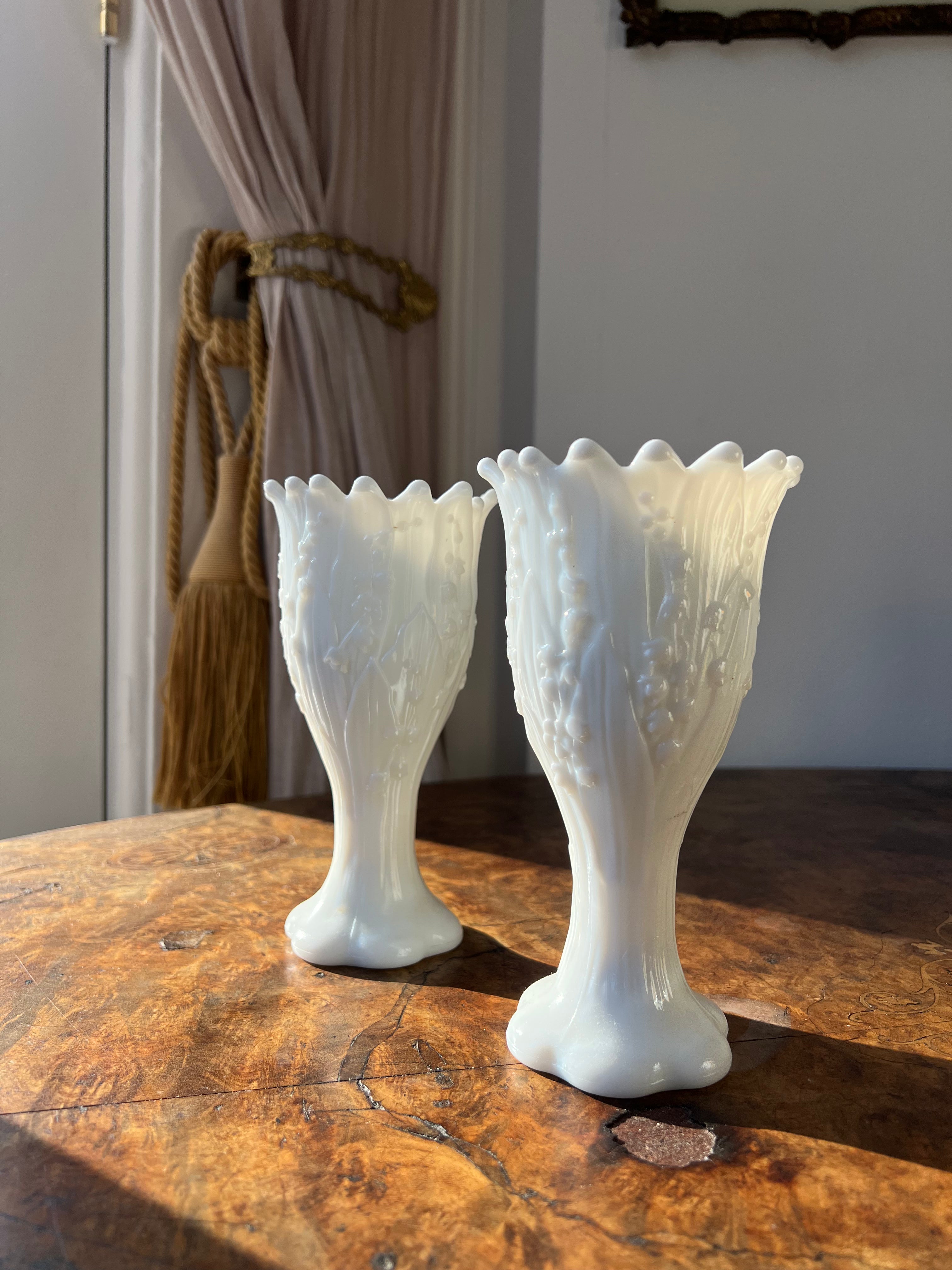 Vintage mid-century "Lily of the Valley" milk glass vases, produced by Fenton Art Glass (or Westmoreland)
