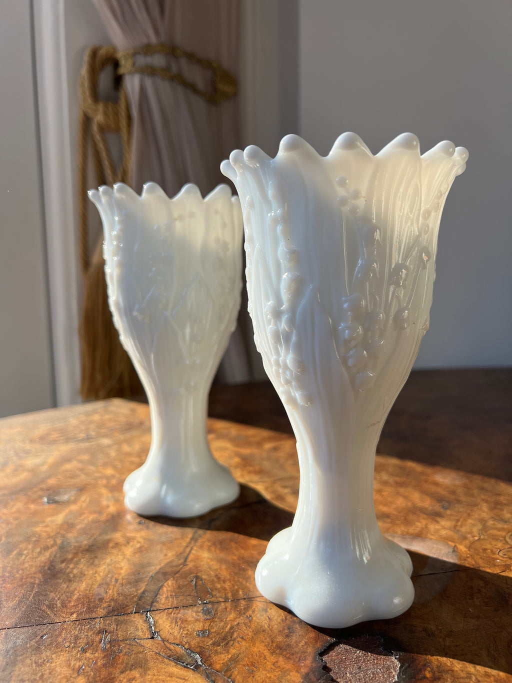 Vintage mid-century "Lily of the Valley" milk glass vases, produced by Fenton Art Glass (or Westmoreland)