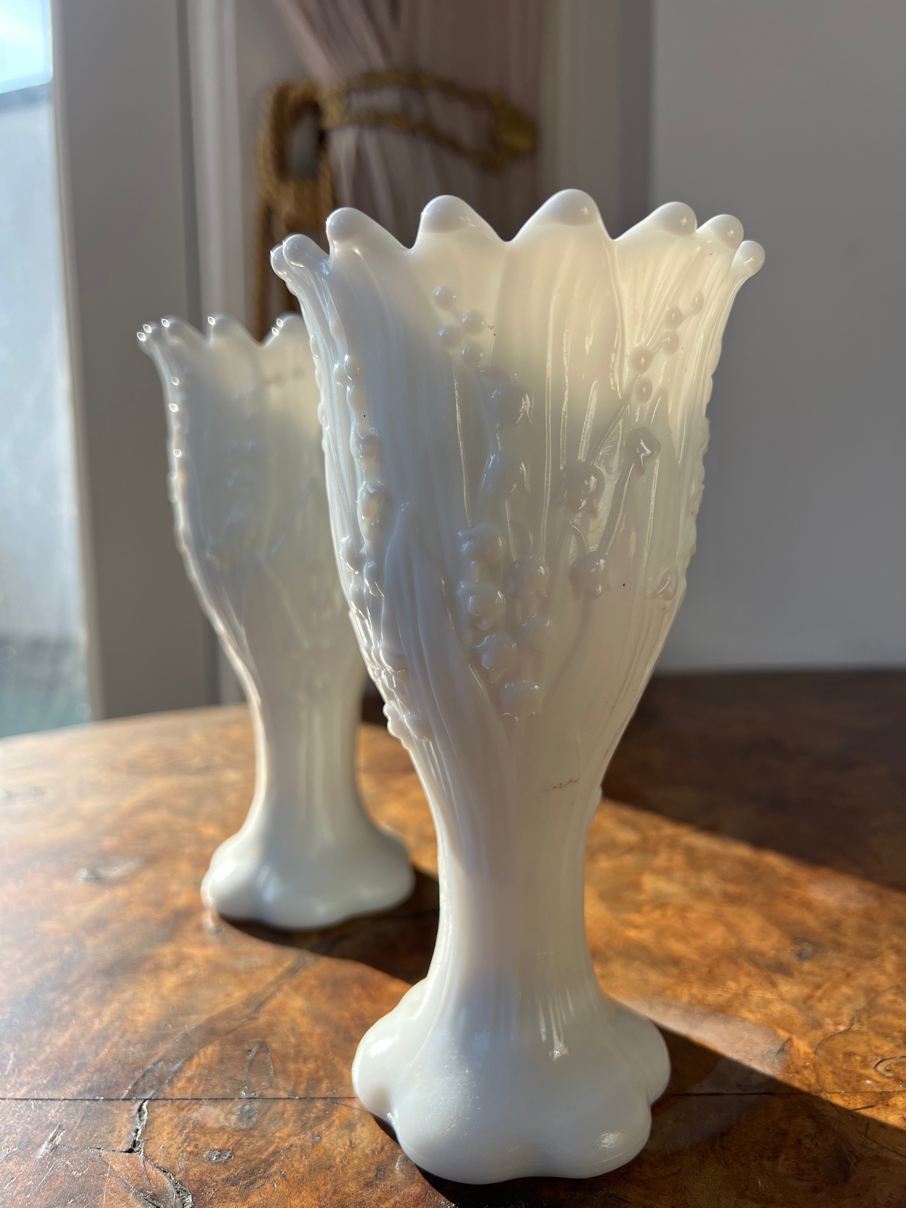 Vintage mid-century "Lily of the Valley" milk glass vases, produced by Fenton Art Glass (or Westmoreland)
