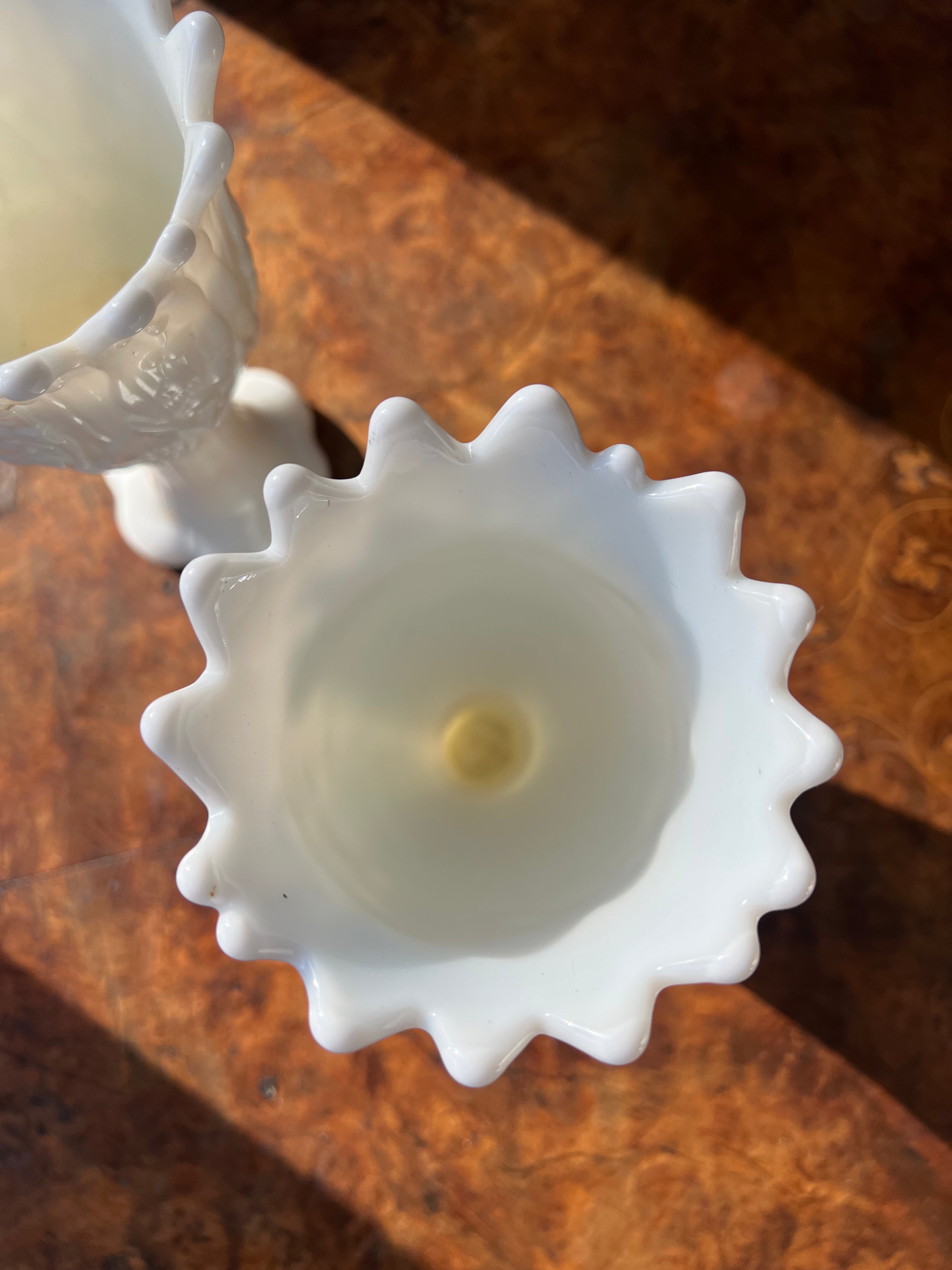 Vintage mid-century "Lily of the Valley" milk glass vases, produced by Fenton Art Glass (or Westmoreland)