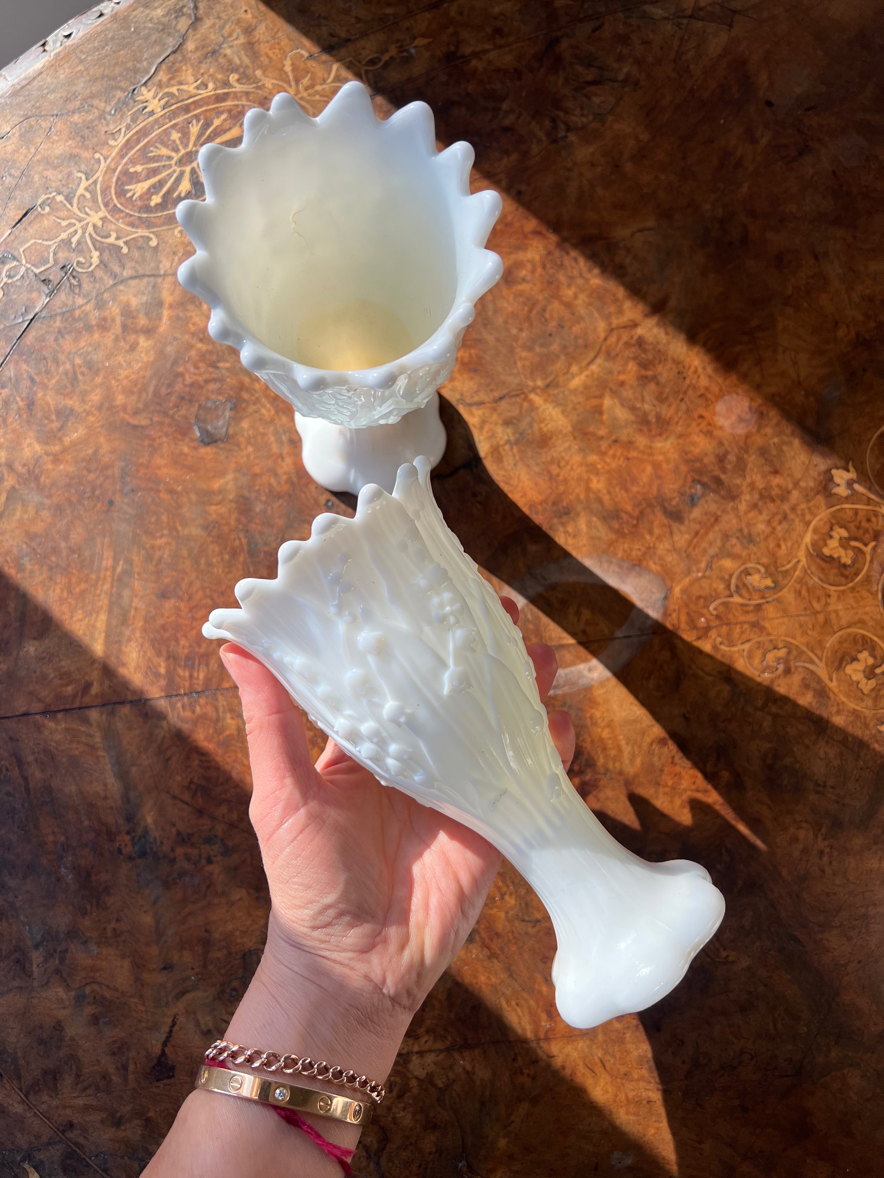 Vintage mid-century "Lily of the Valley" milk glass vases, produced by Fenton Art Glass (or Westmoreland)