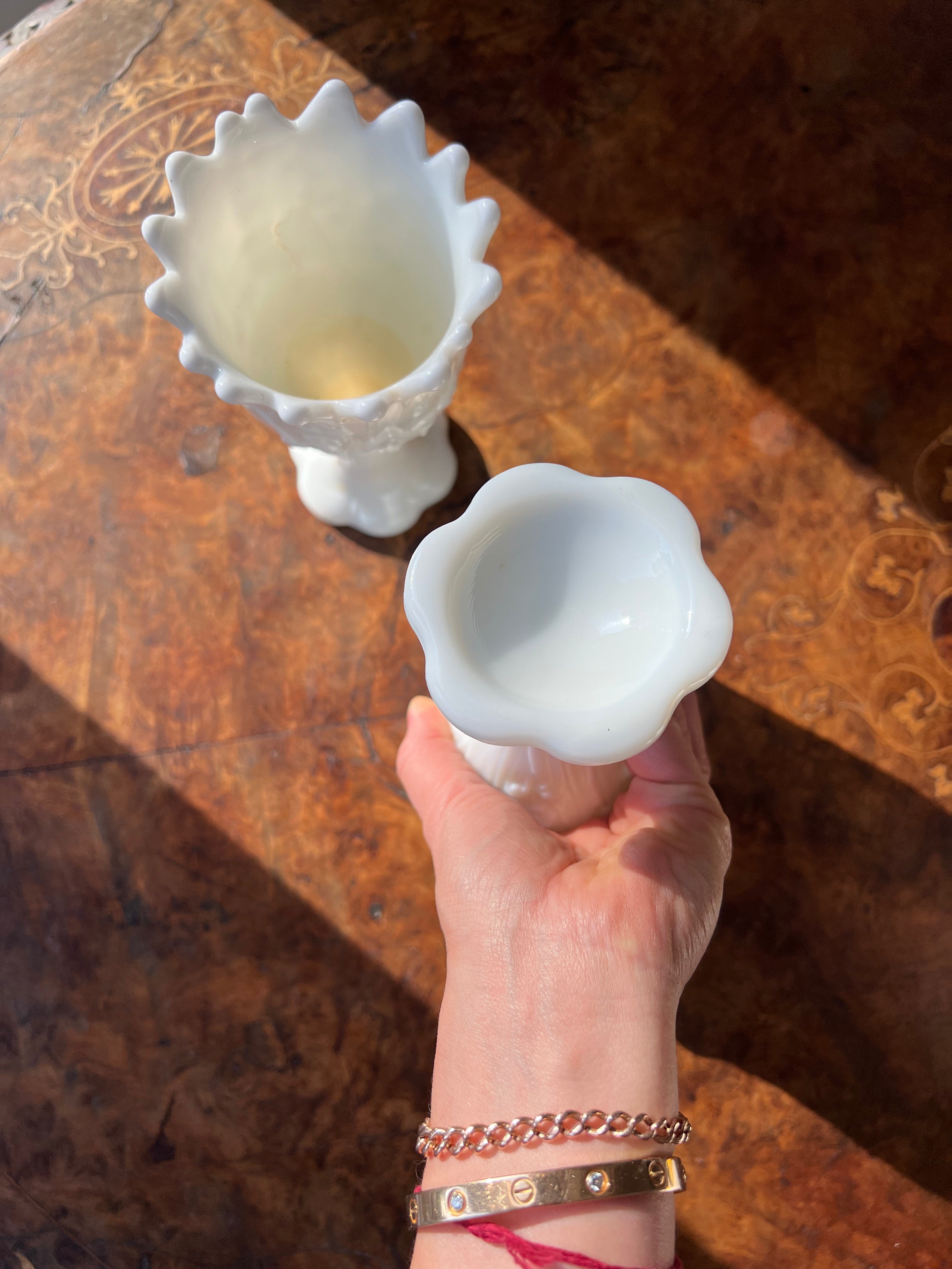 Vintage mid-century "Lily of the Valley" milk glass vases, produced by Fenton Art Glass (or Westmoreland)