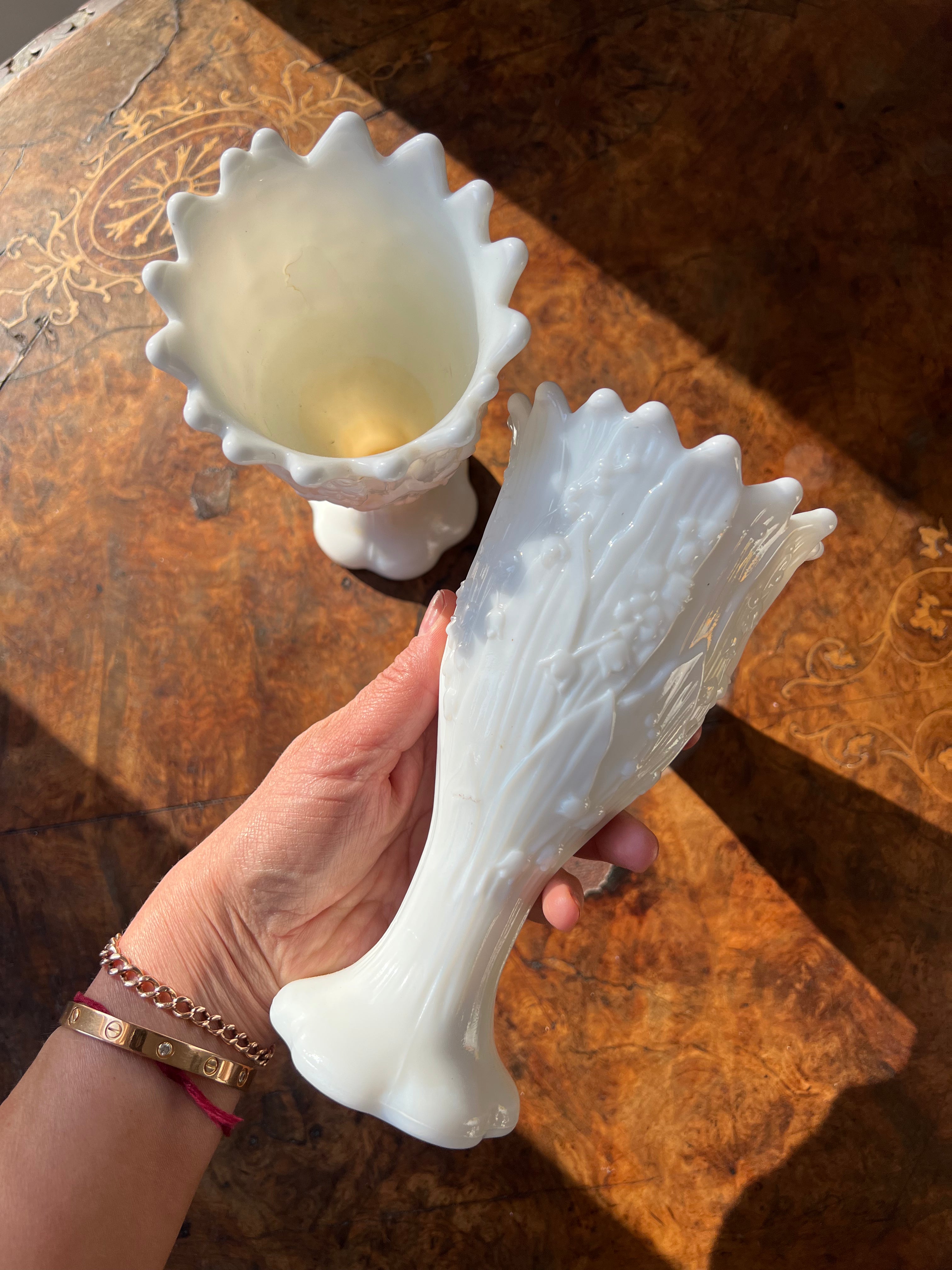 Vintage mid-century "Lily of the Valley" milk glass vases, produced by Fenton Art Glass (or Westmoreland)