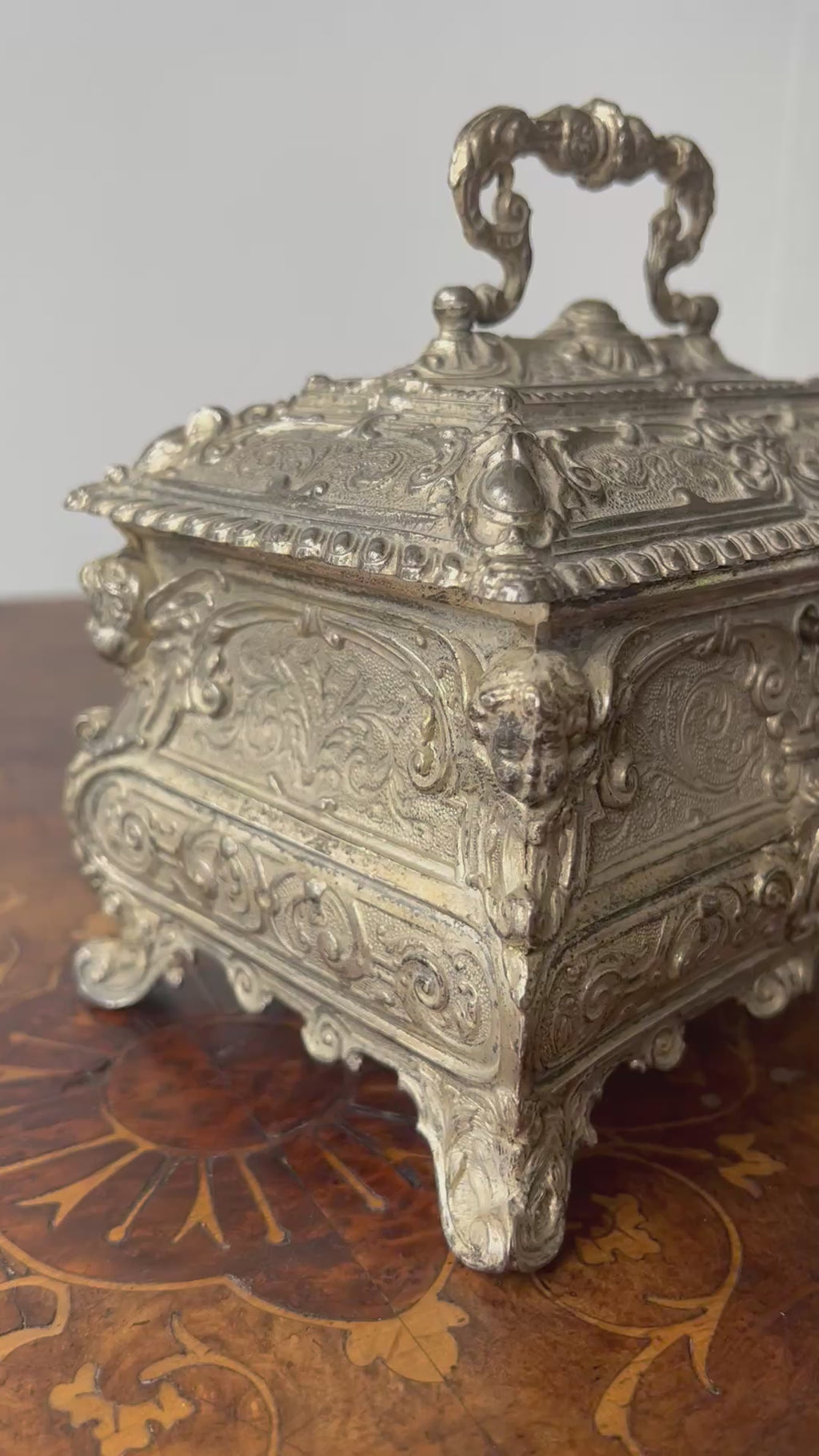 19th Century French Louis XV Bombé Jewelry Casket / Box with Repoussé metalwork.